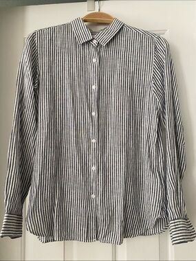 Button Down Shirt Womens Navy Blue White Striped 100 Linen Casual M